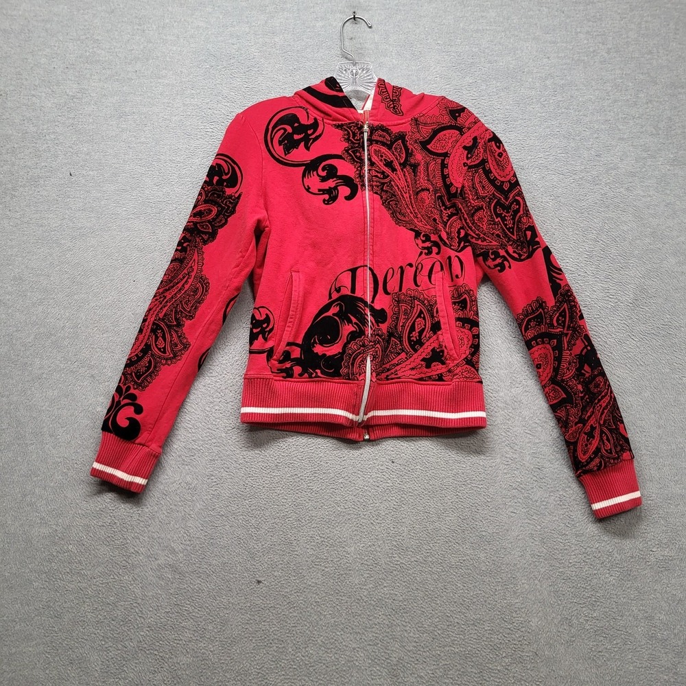 Derek Heart Women Sweatshirt XL Red Paisley Y2K Grunge Skate Zipper Ribbed Trim